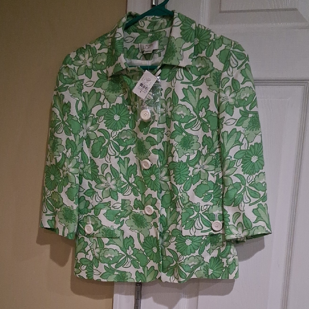 Loft Linen Green Floral Button-Up Jacket
